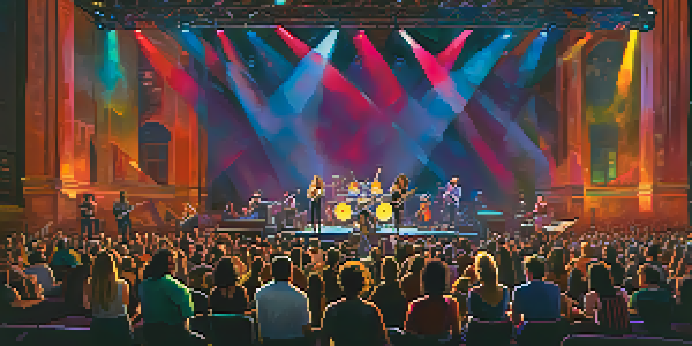 A lively concert at the Moody Theater with a diverse audience and colorful stage lights.