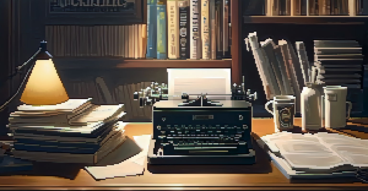 An artistic workspace with a typewriter, notebooks, and coffee cups, illuminated by warm lighting, surrounded by film posters.