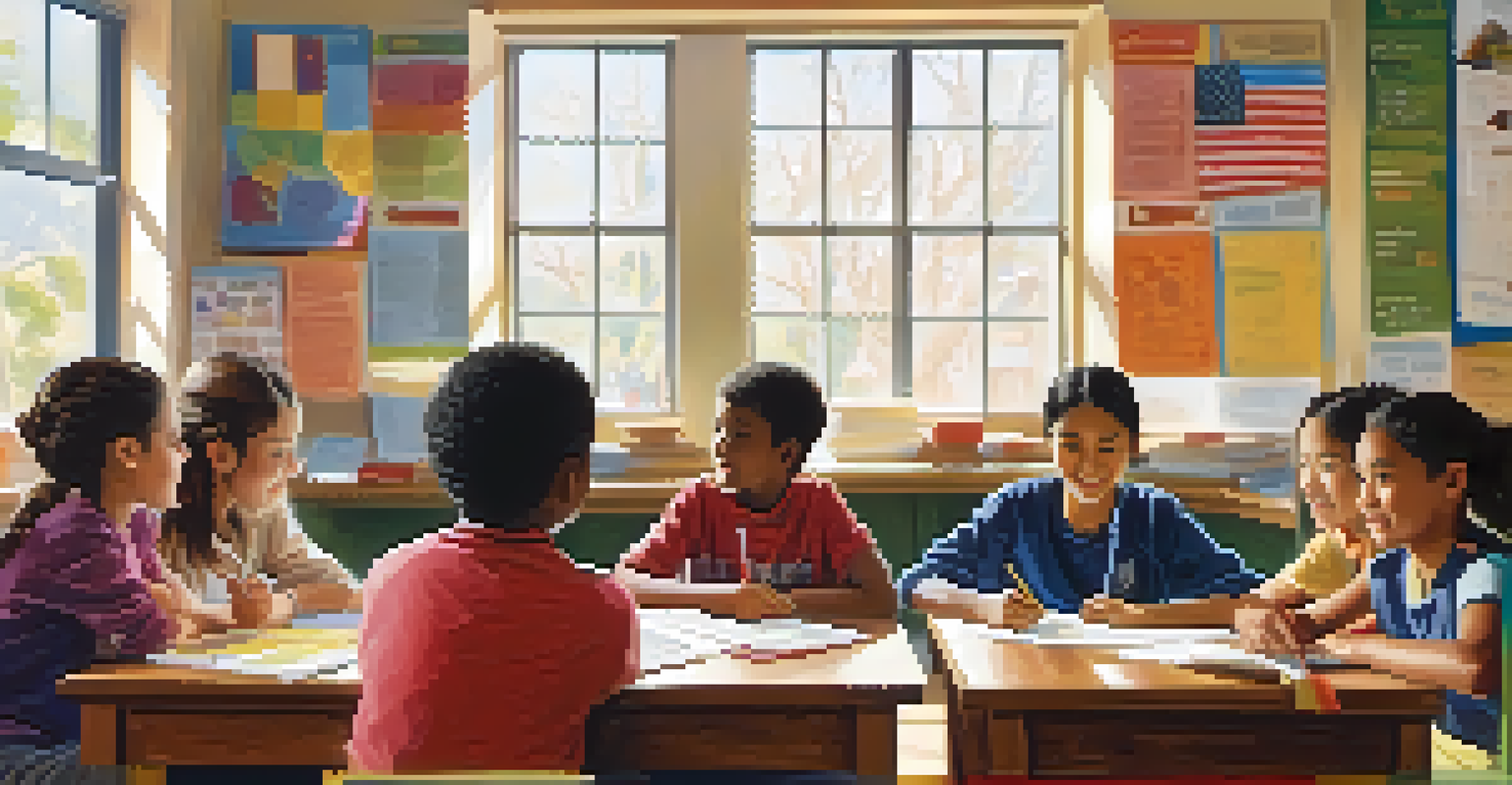 A classroom with diverse students engaged in multicultural education activities, illuminated by natural light.