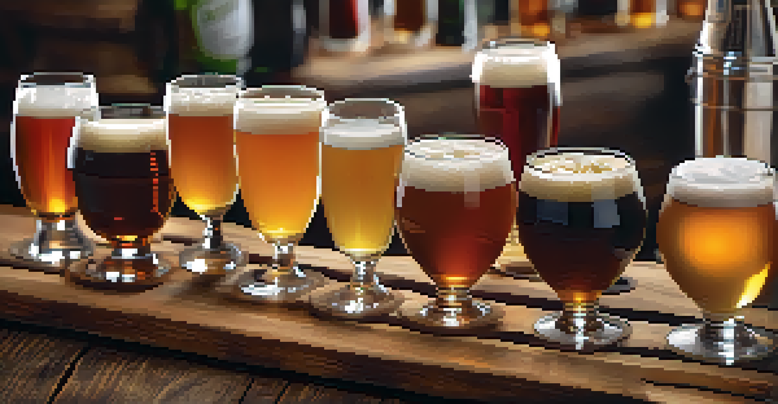 A close-up view of a flight of craft beer samples in different colors and textures on a rustic table, accompanied by small plates of pretzels and cheese.