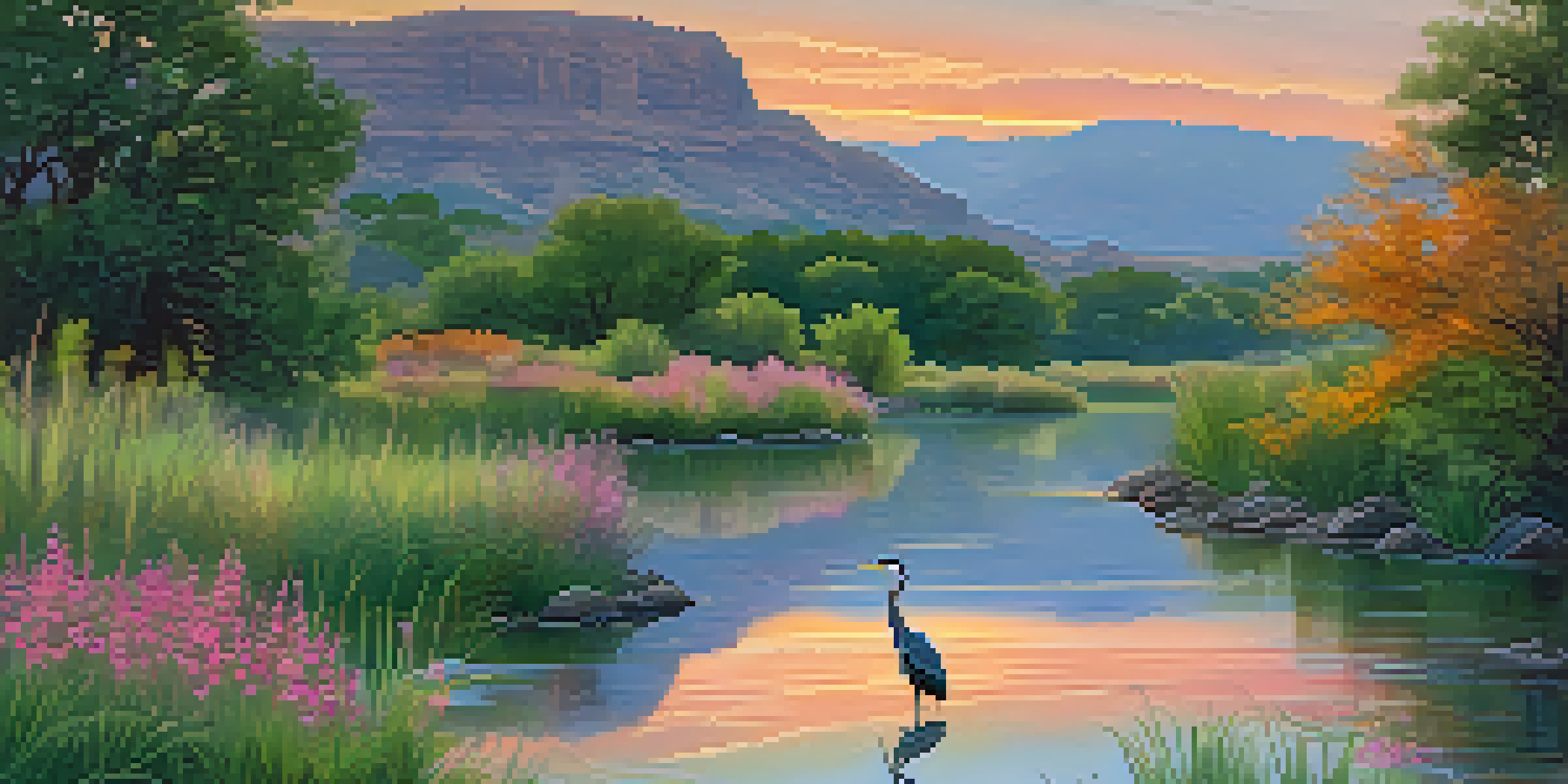 A peaceful scene of the Colorado River in Austin at sunrise, with reflecting colors on the water and a heron standing on a rock.