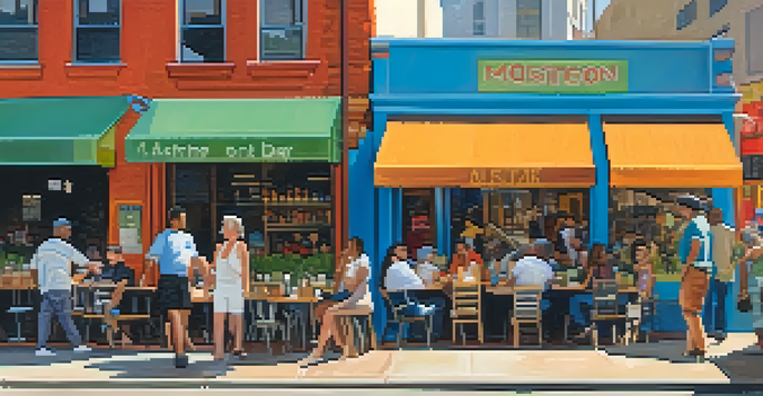 A lively street scene in Austin with colorful storefronts and people enjoying the day.