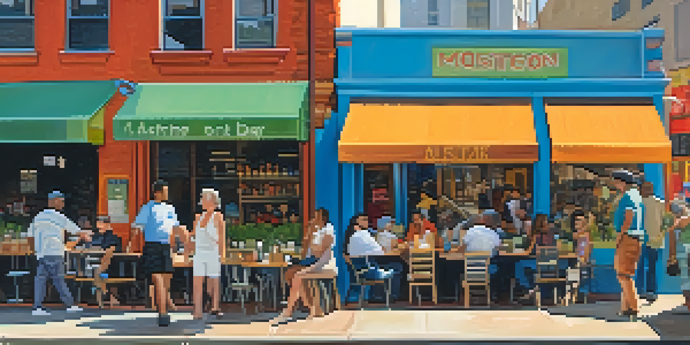 A lively street scene in Austin with colorful storefronts and people enjoying the day.