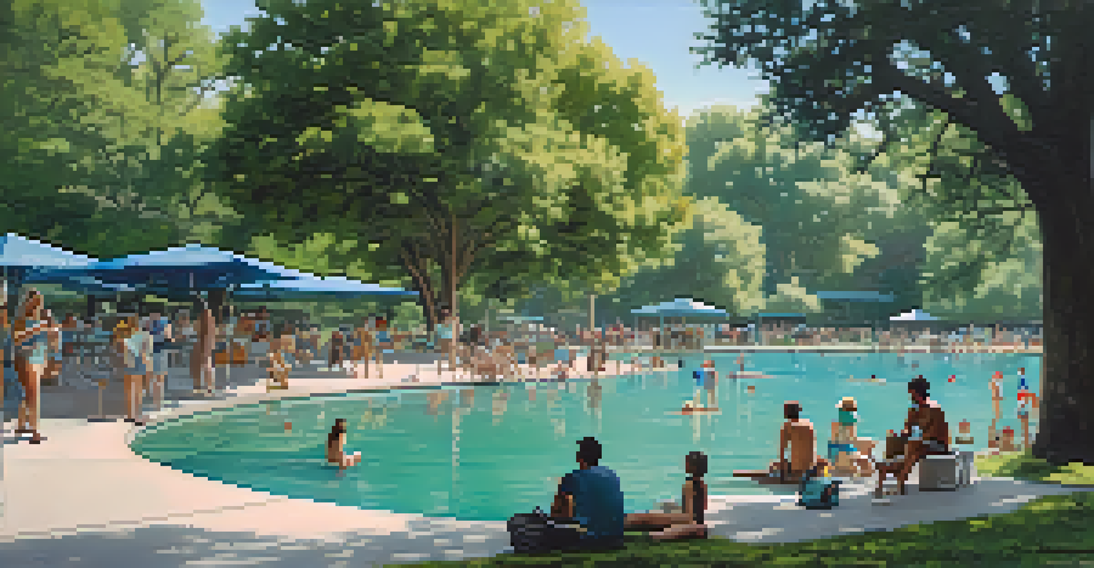 Barton Springs Pool with clear water and people enjoying the natural surroundings, with a sign about wildlife corridors.
