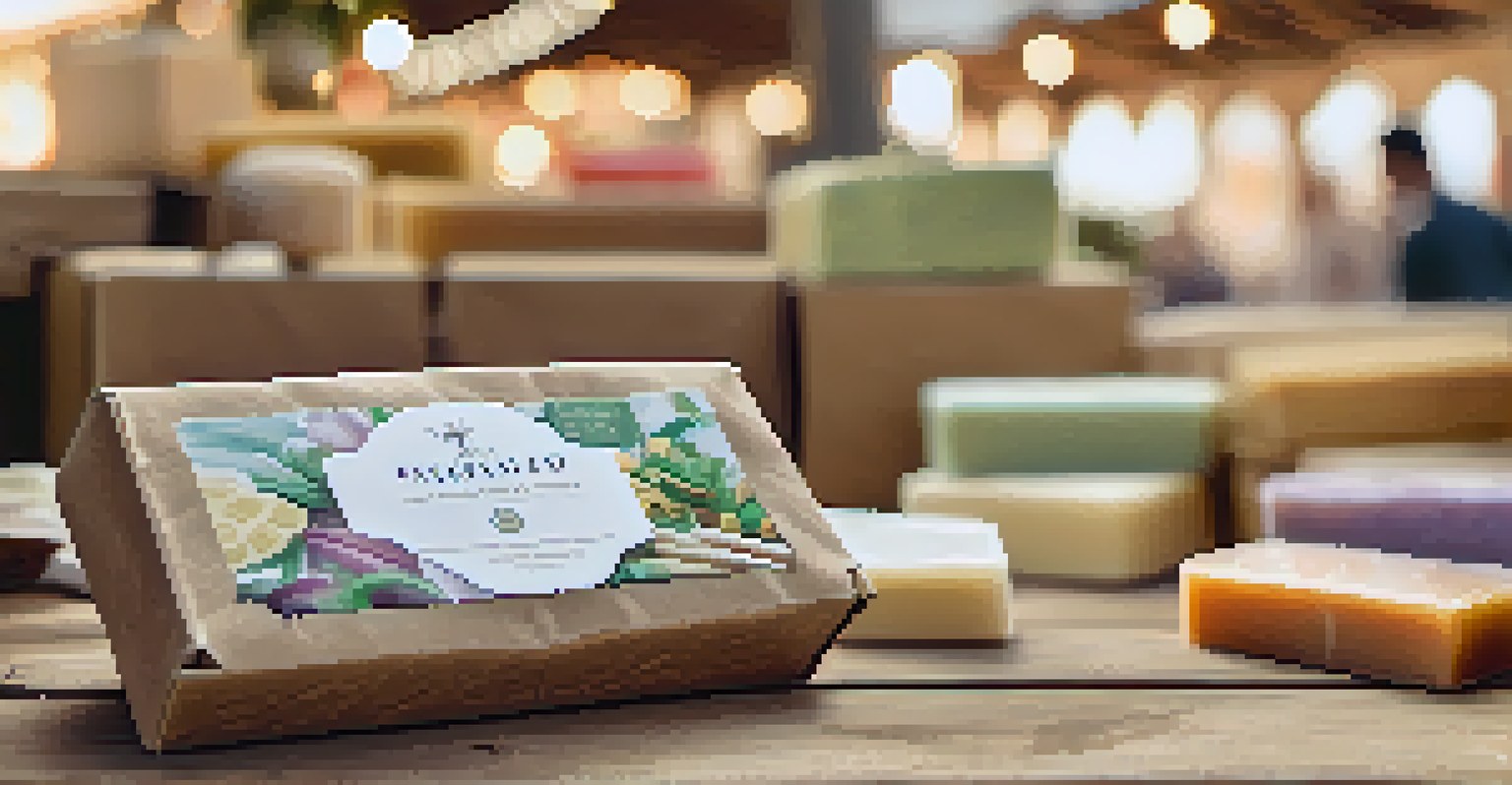 Close-up of eco-friendly packaged handmade soaps on a rustic table at an artisan market.