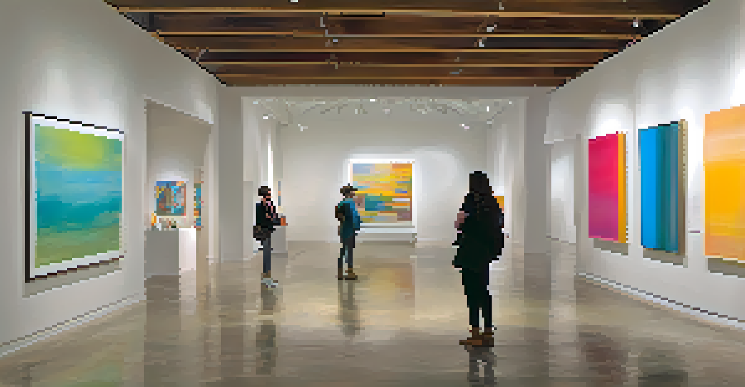 Inside a contemporary art gallery with an exhibition of abstract paintings and visitors admiring the artwork.