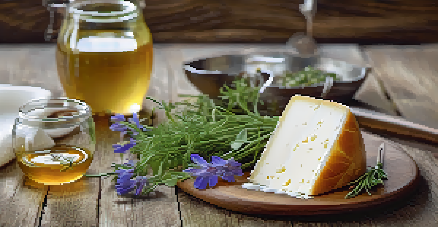 A close-up of goat cheese with honey and herbs on a wooden surface, accompanied by a glass of white wine.