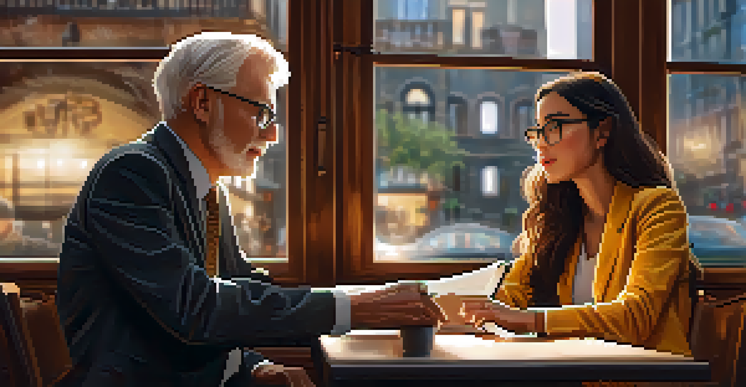 A mentor and an entrepreneur discussing a business model in a cozy coffee shop, with warm lighting and wooden furniture.