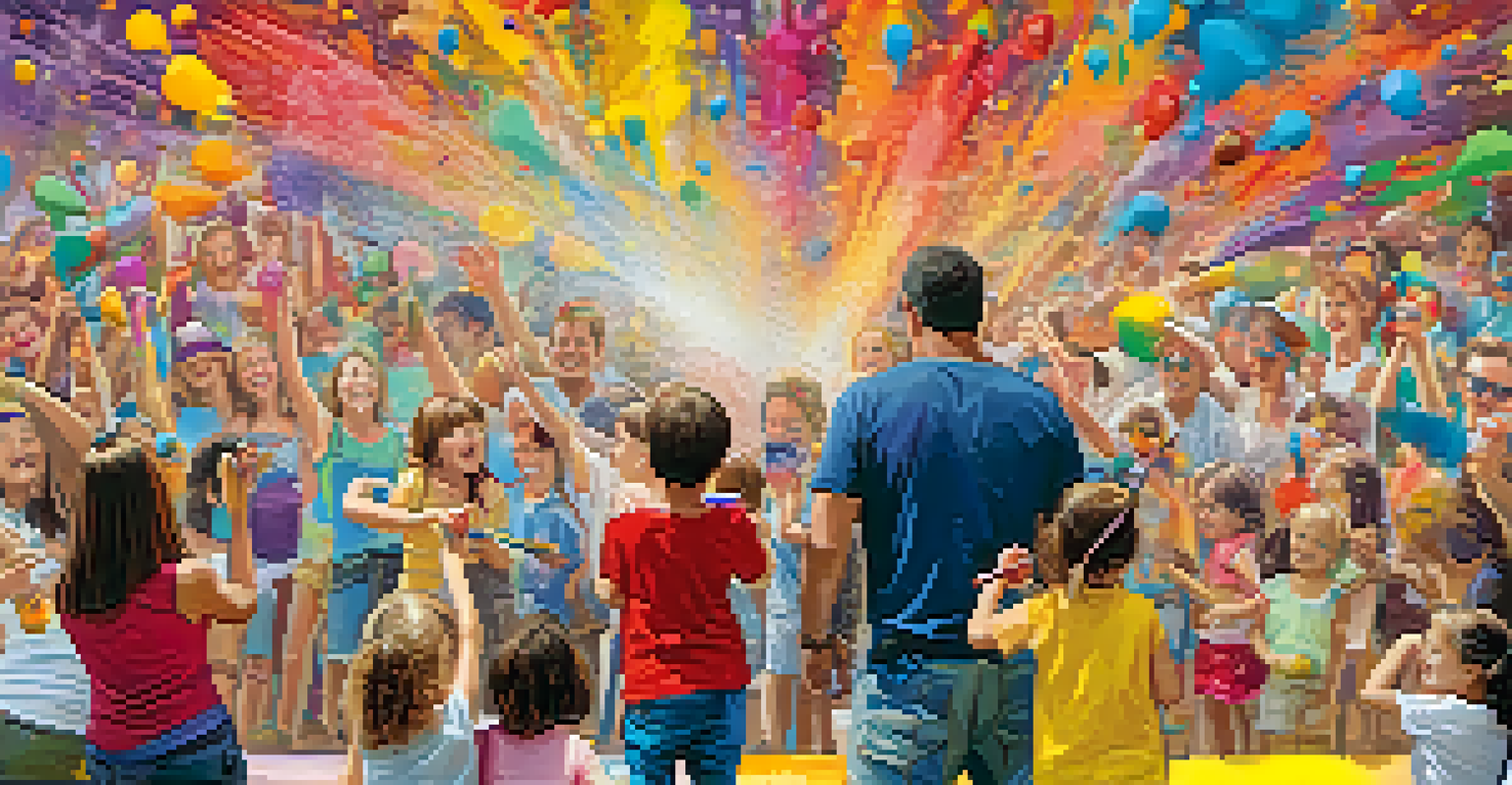 Families participating in mural painting at a festival, with children and adults expressing creativity on a large canvas.