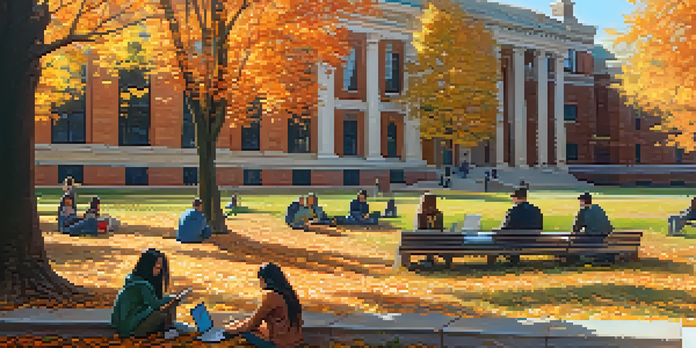 A diverse group of students engaged in a mentorship discussion on a university campus surrounded by autumn leaves.