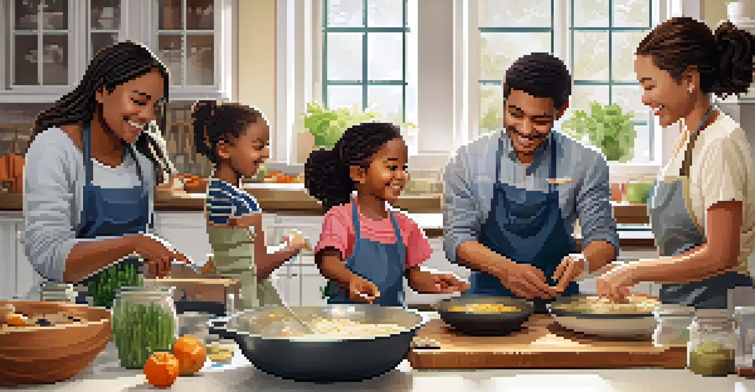 A family cooking together in a cozy kitchen, with children and parents happily preparing dishes and ingredients on the counter.