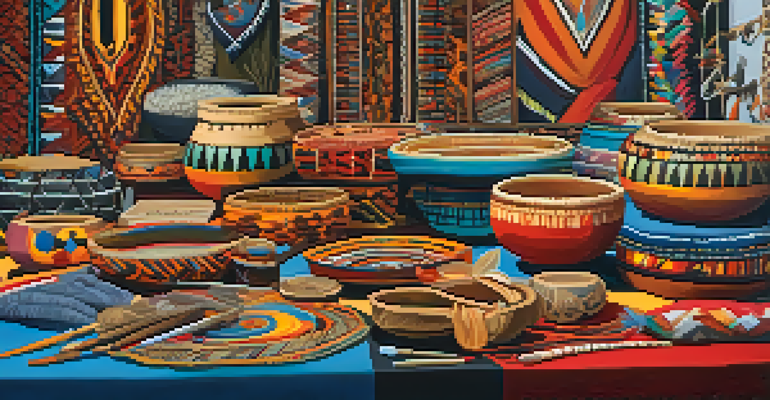 A display of traditional crafts from indigenous artists at an art walk, with visitors engaged in conversation and admiration of the colorful handmade items.