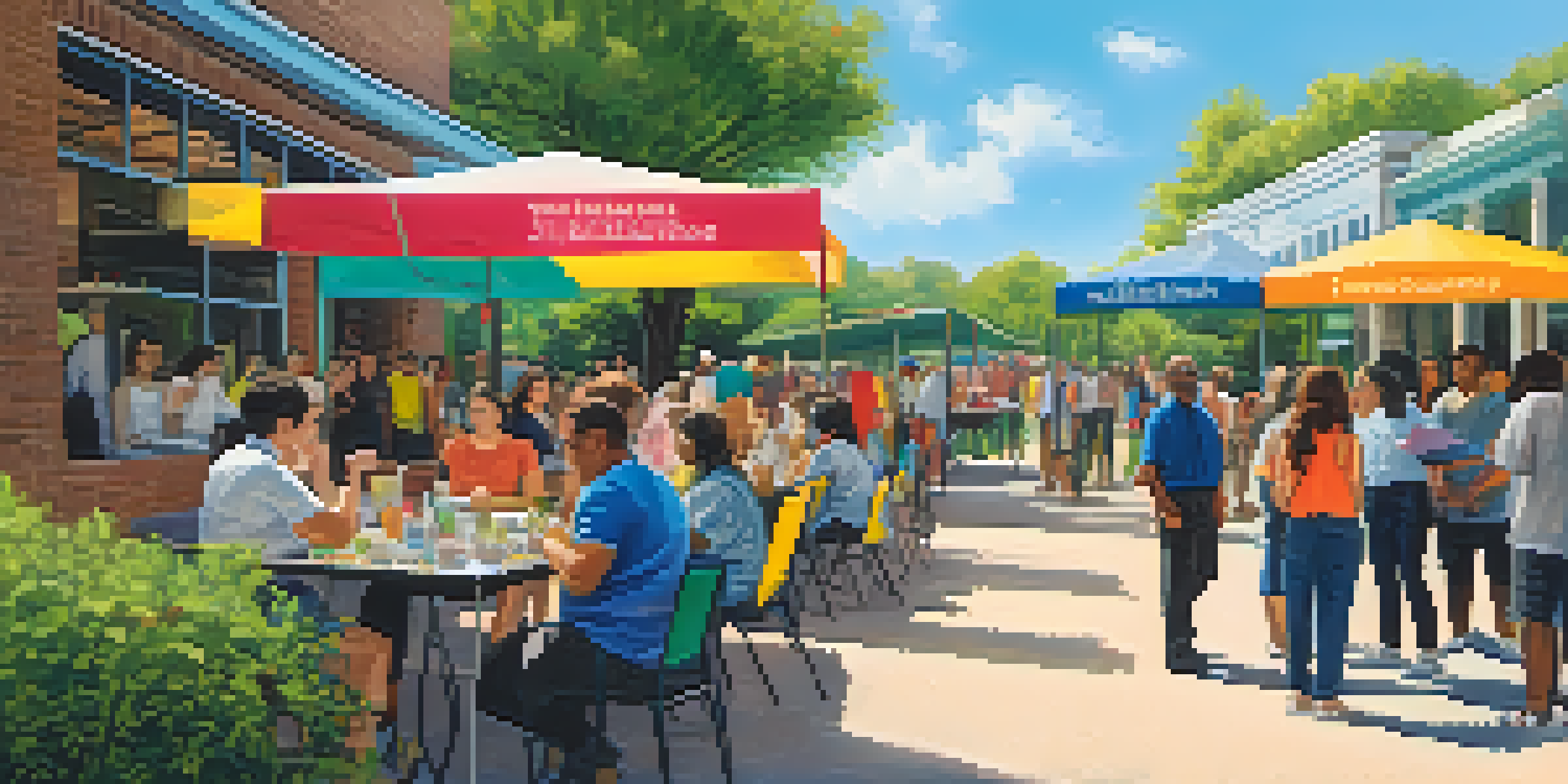 A vibrant community event focused on mental health awareness, featuring diverse people interacting in a lush outdoor setting with colorful banners.