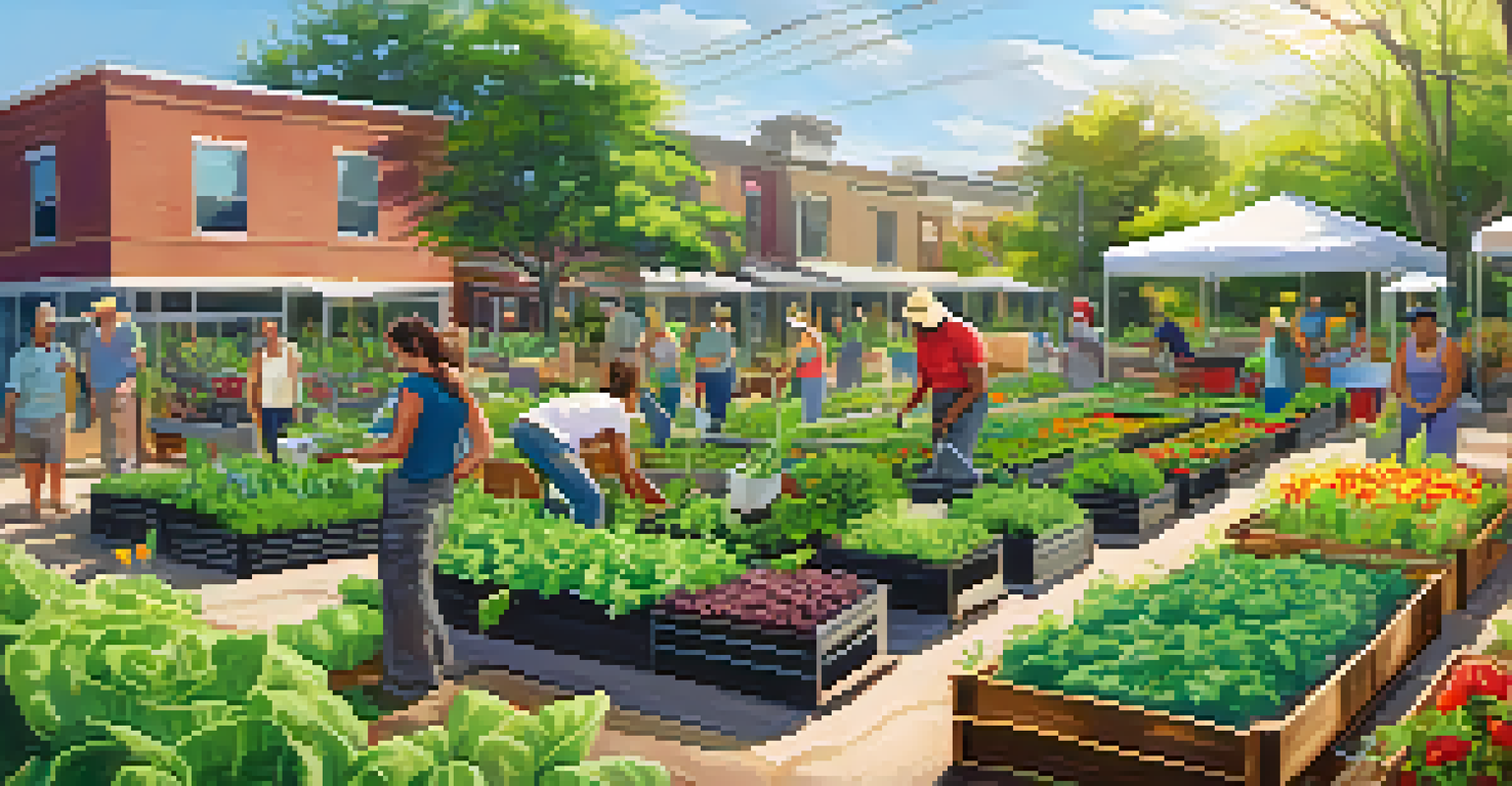 Community members working in a vibrant urban garden, planting and harvesting fresh vegetables under bright sunlight, showcasing teamwork and sustainability.