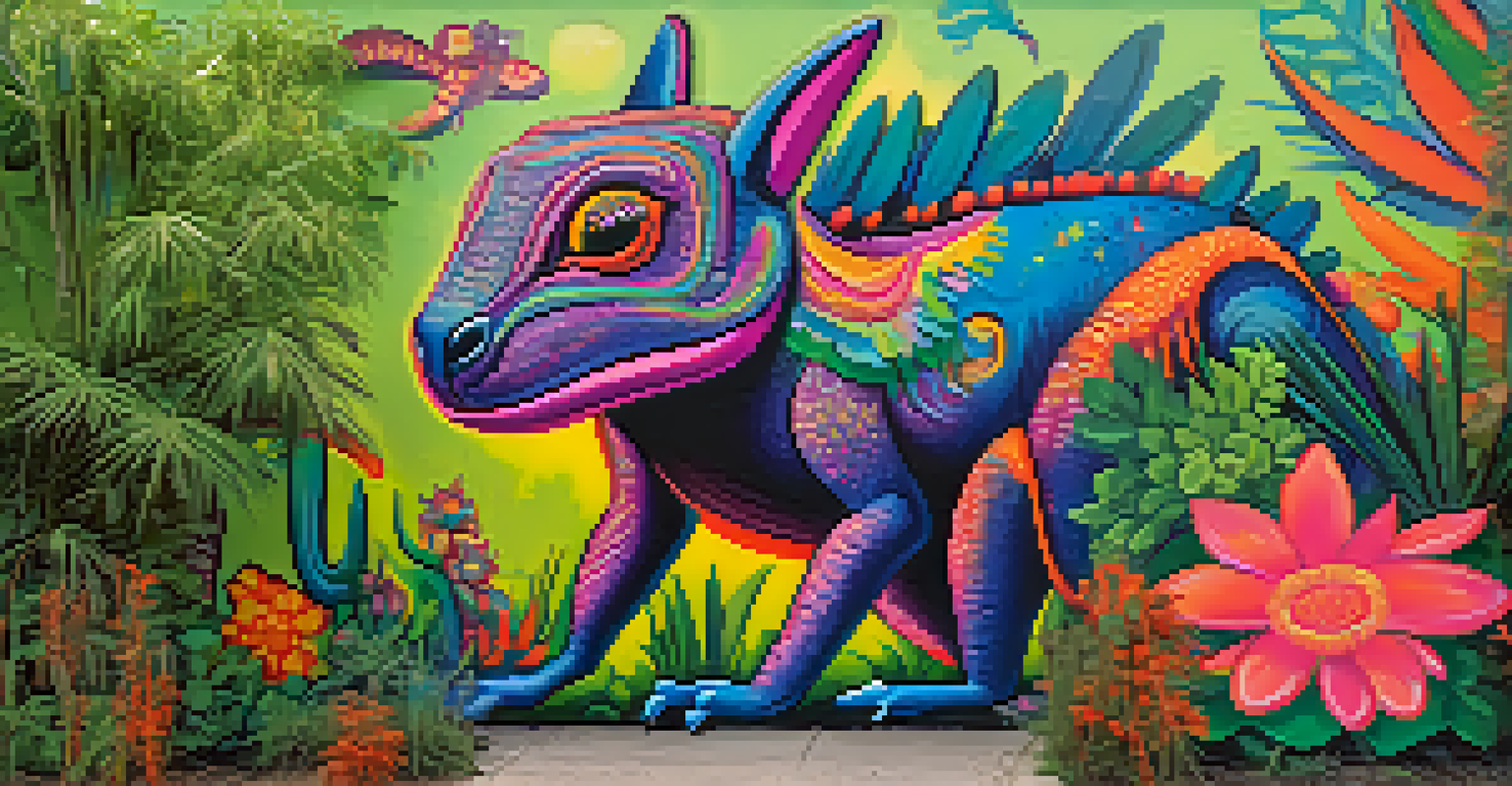 A colorful mural of the Chupacabra in an urban Austin environment, with vibrant colors and local plants.