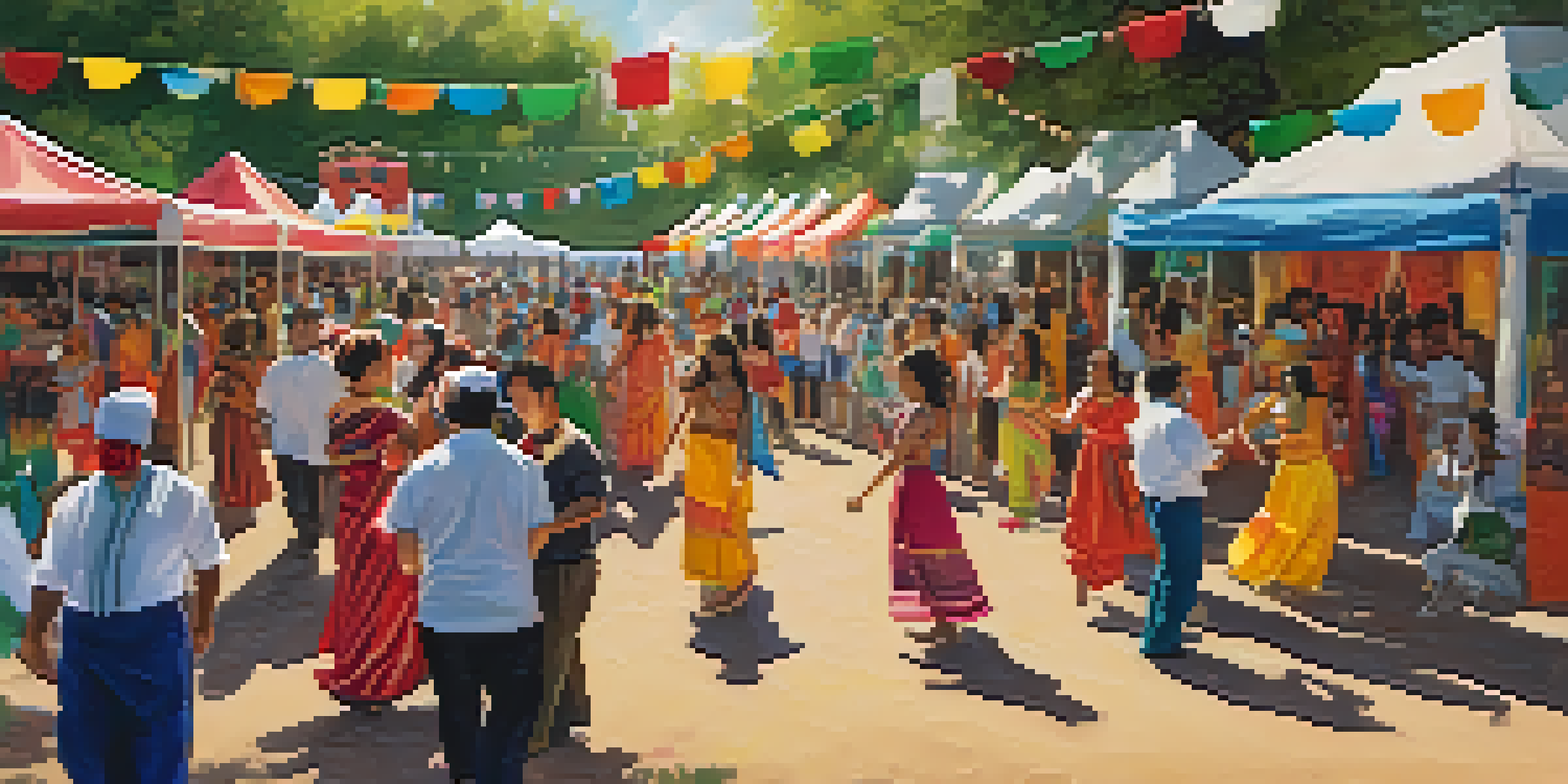 A lively cultural exchange festival in Austin featuring diverse people enjoying dance performances, food stalls, and art displays in a sunny park.