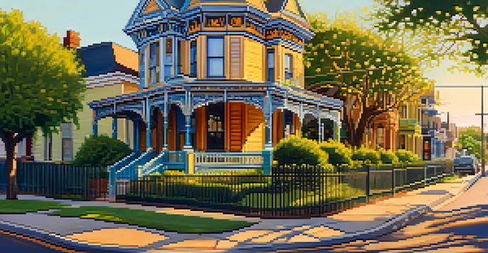 A scenic view of Victorian homes in Old West Austin, featuring intricate architectural details and vibrant colors under warm sunlight.