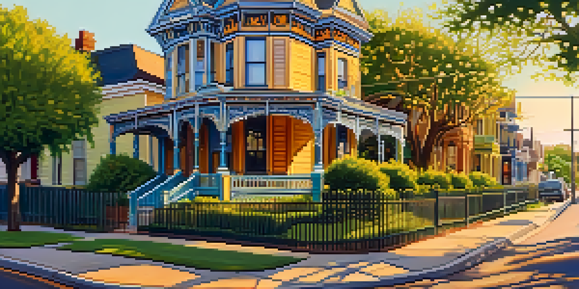 A scenic view of Victorian homes in Old West Austin, featuring intricate architectural details and vibrant colors under warm sunlight.
