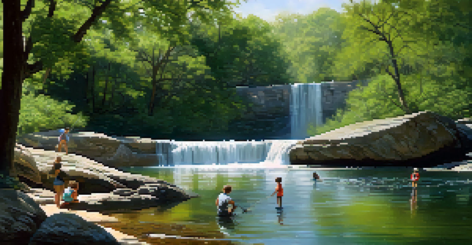 A family fishing by a serene stream at McKinney Falls State Park, with waterfalls and lush greenery in the background.