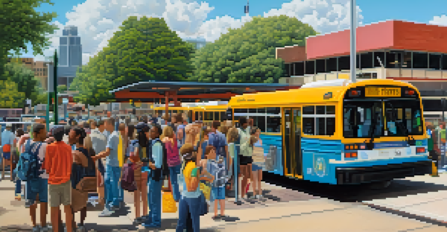 A busy public transit station in Austin with a MetroRapid bus, showing diverse people boarding and signs indicating routes.