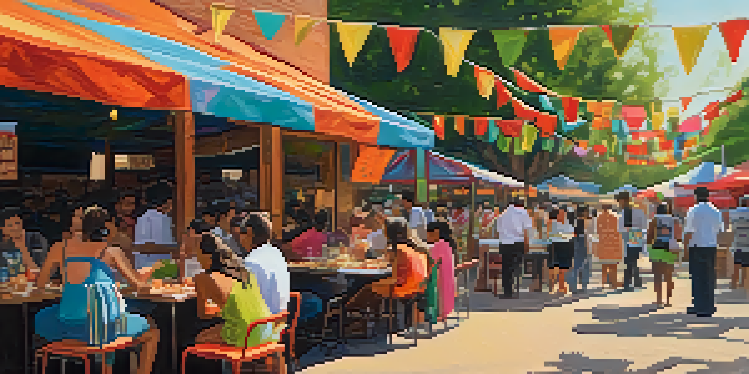 A bustling market in Austin featuring colorful Tex-Mex dishes, including tacos and queso, with local artisans and vibrant decorations in warm sunlight.