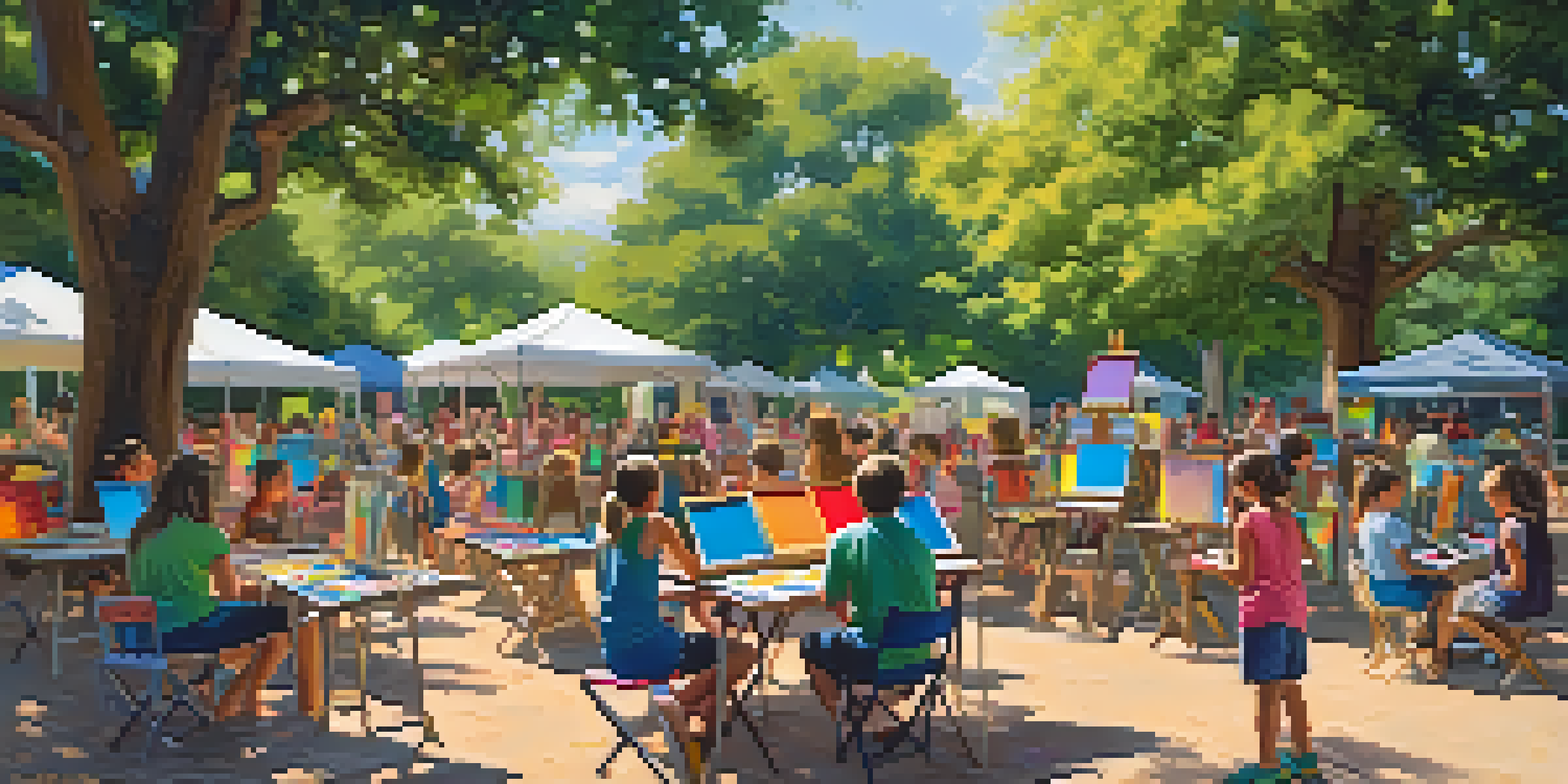 Children painting at a summer arts camp in Austin, surrounded by trees and colorful art supplies.