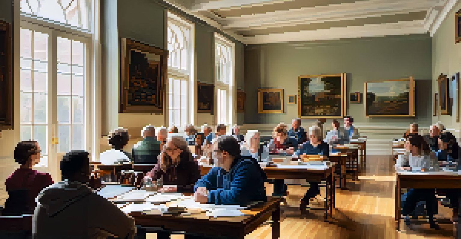 An educational workshop on historical preservation with diverse participants, artifacts, and a bright, welcoming environment.