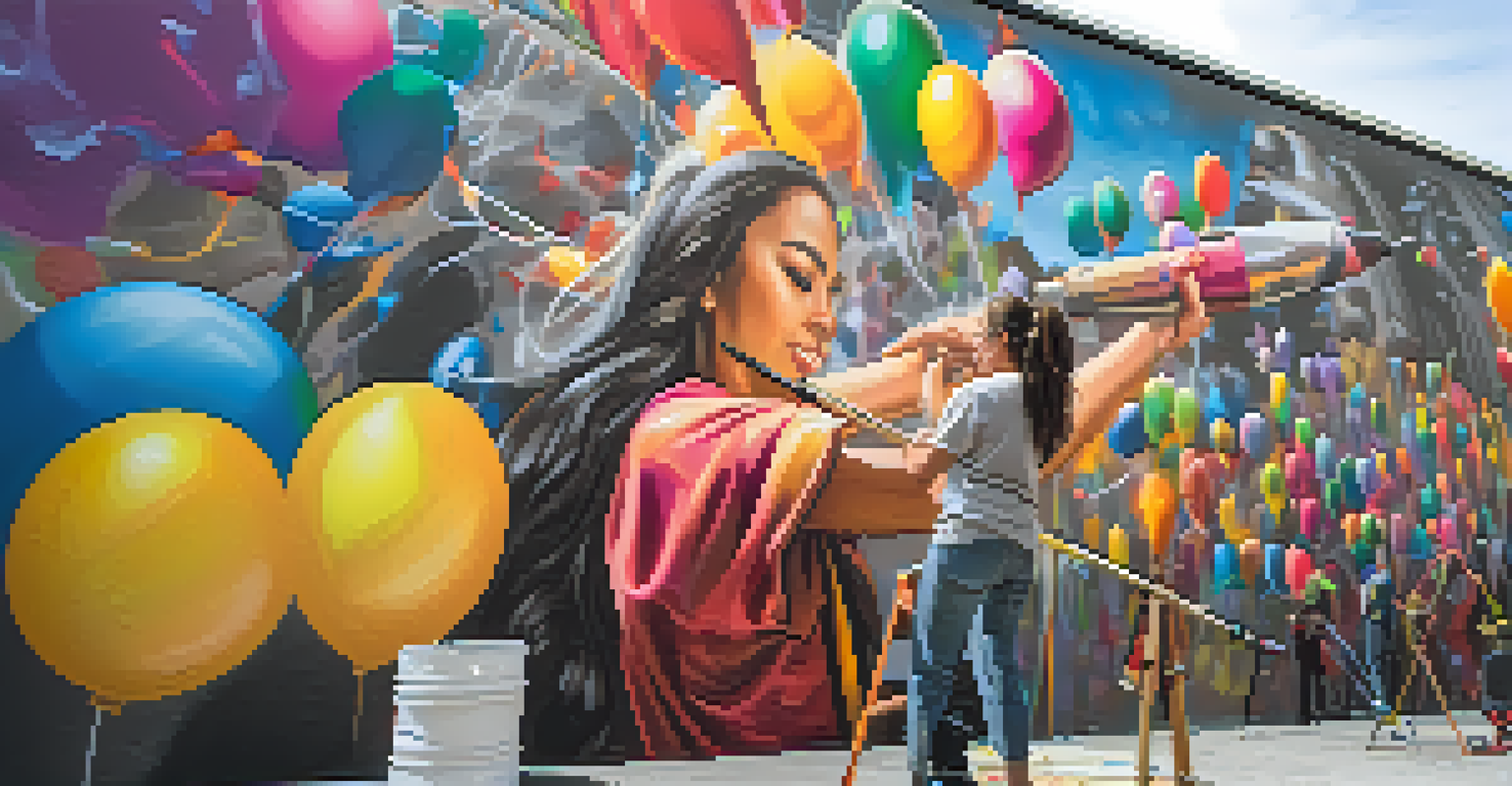 A woman artist spray painting a mural at a street art festival, with colorful decorations in the background.