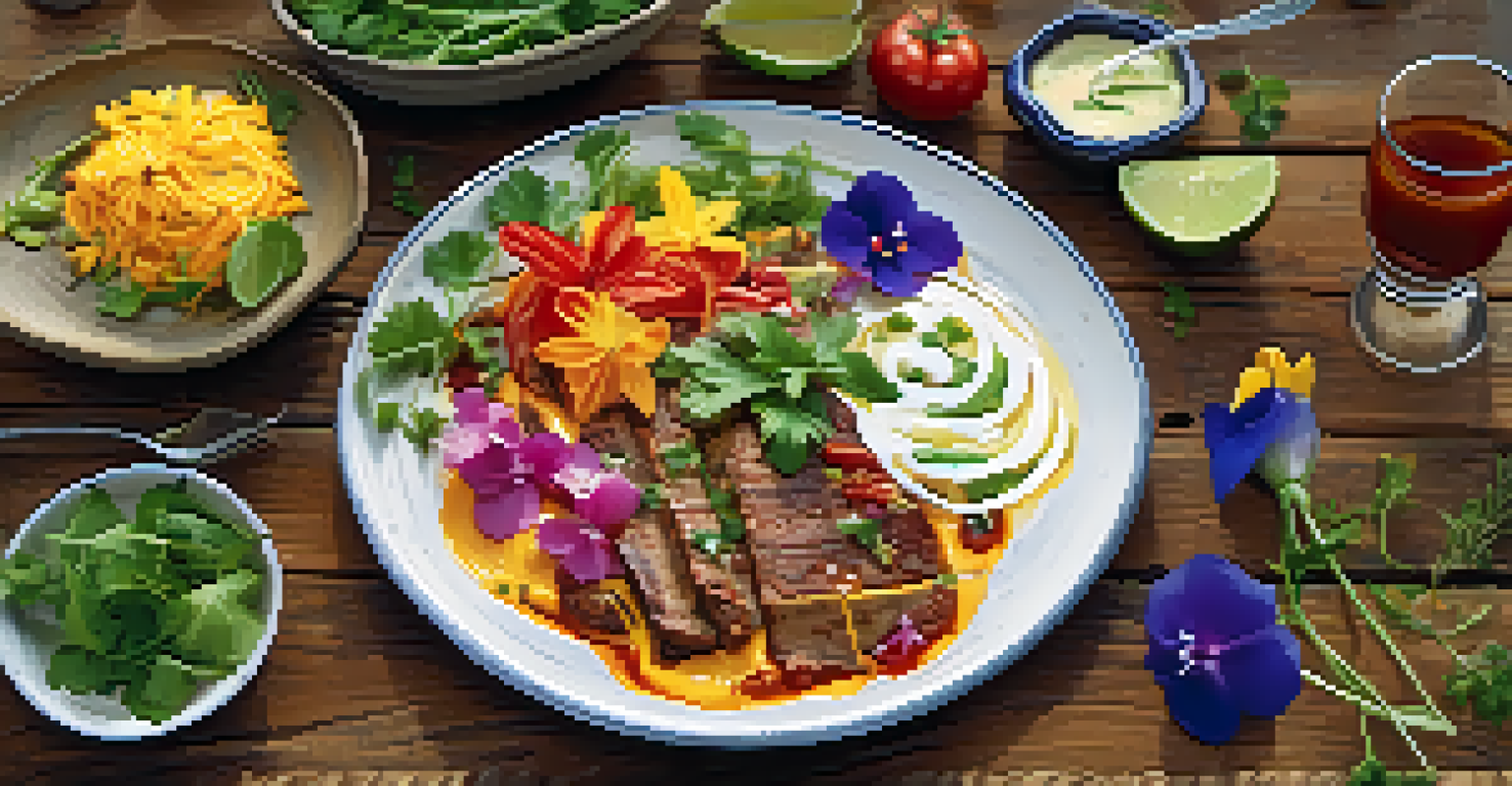 A close-up of an artistically plated Tex-Mex dish with vibrant colors and garnishes on a rustic wooden table.