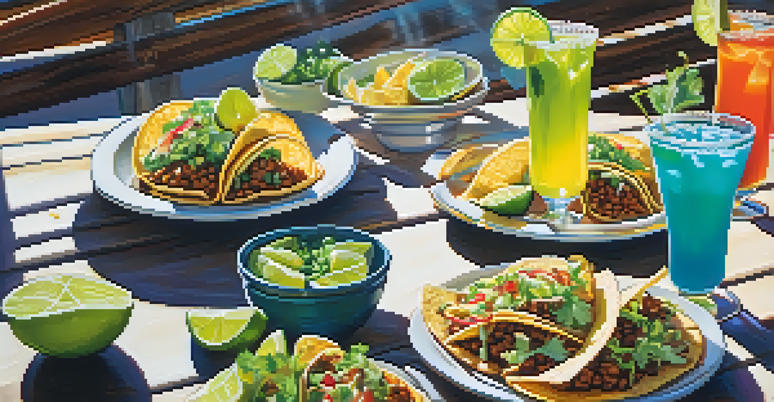 Outdoor dining table with tacos and colorful margaritas under bright sunlight.