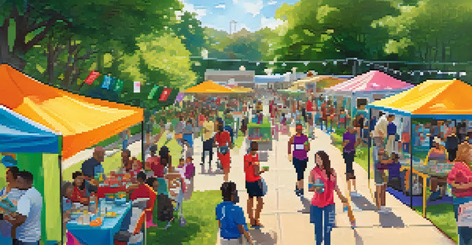 A lively community health fair with diverse participants, colorful booths, and wellness activities in a sunny outdoor setting.