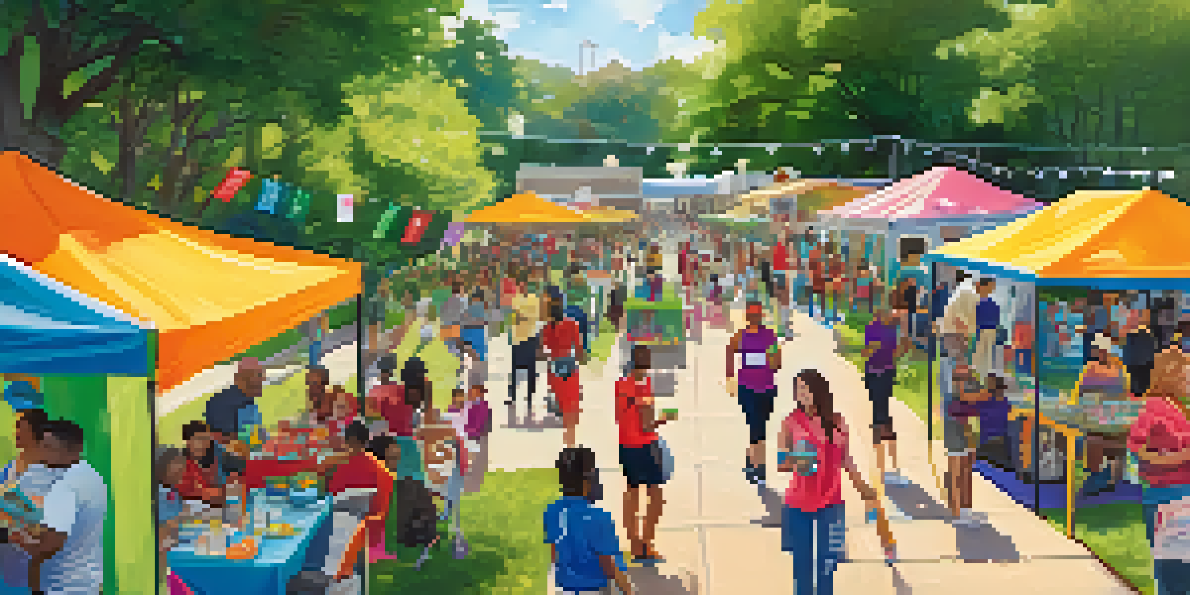 A lively community health fair with diverse participants, colorful booths, and wellness activities in a sunny outdoor setting.