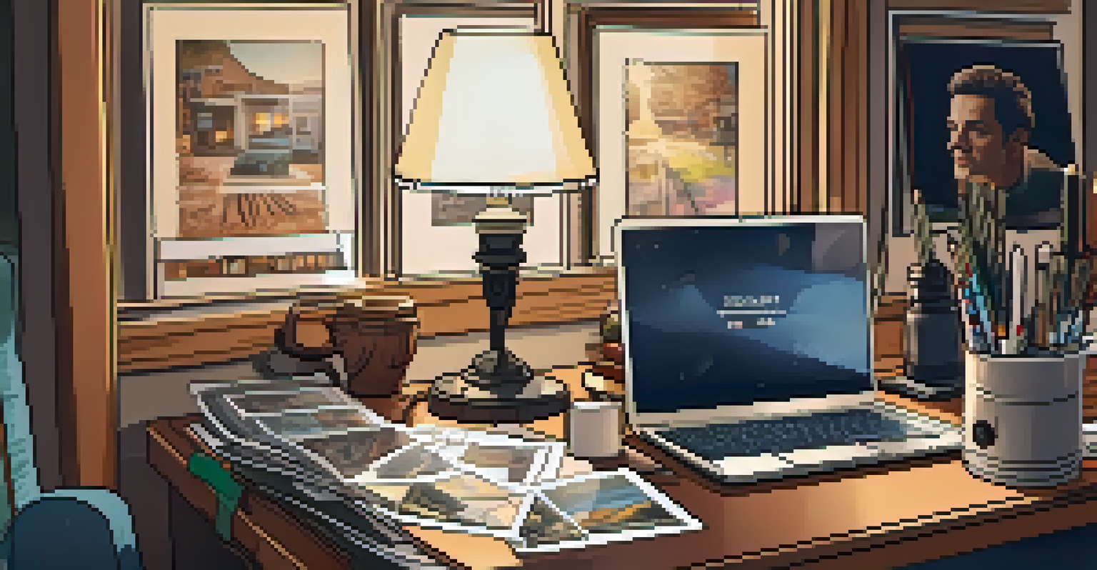 A filmmaker editing a project on a laptop in a cozy home office filled with film equipment.