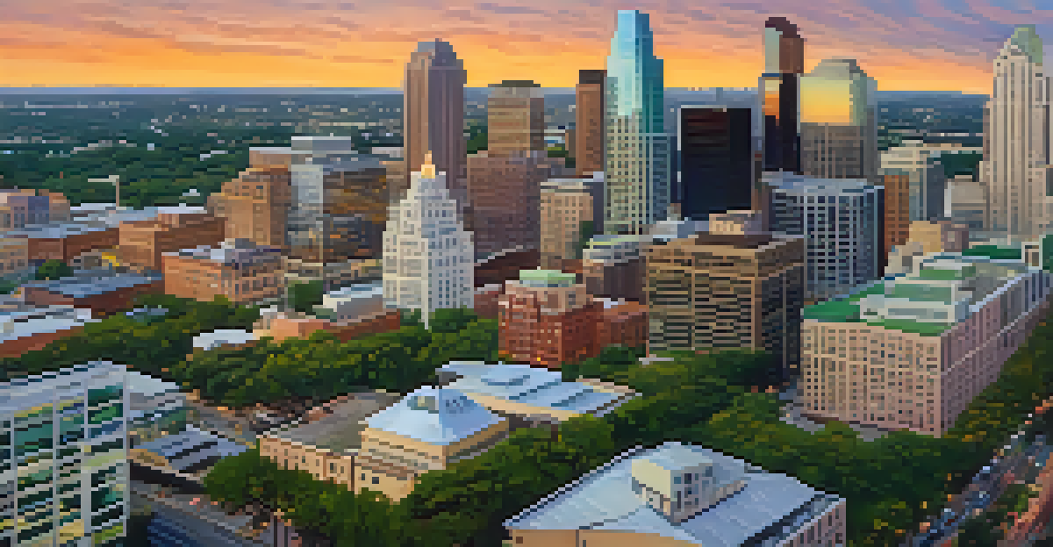 An aerial view of Austin's downtown skyline at sunset, showcasing green rooftops and a vibrant urban landscape.