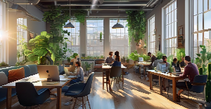 A bright and inviting co-working space with professionals working together on laptops, surrounded by plants and modern furniture.