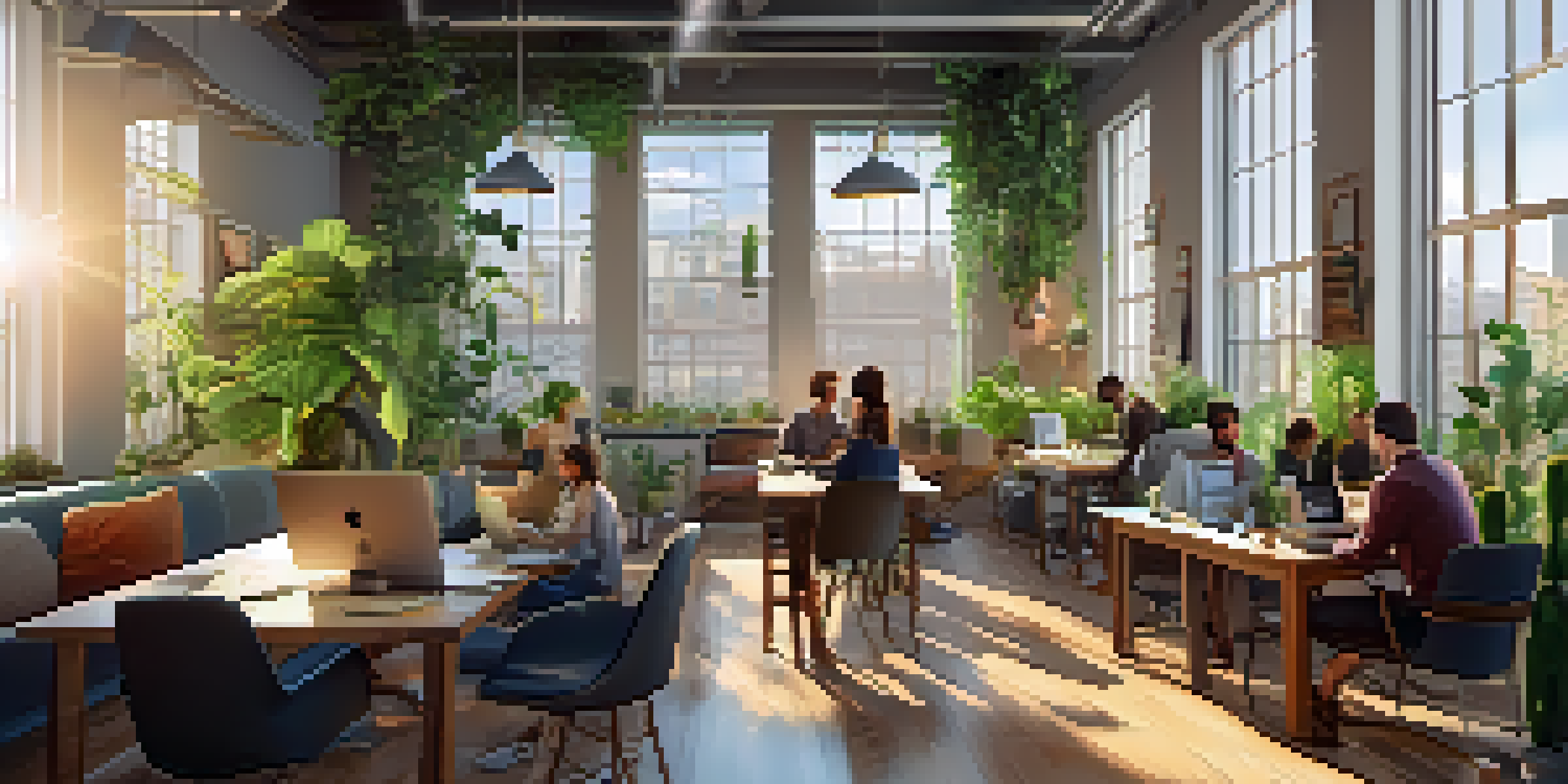 A bright and inviting co-working space with professionals working together on laptops, surrounded by plants and modern furniture.