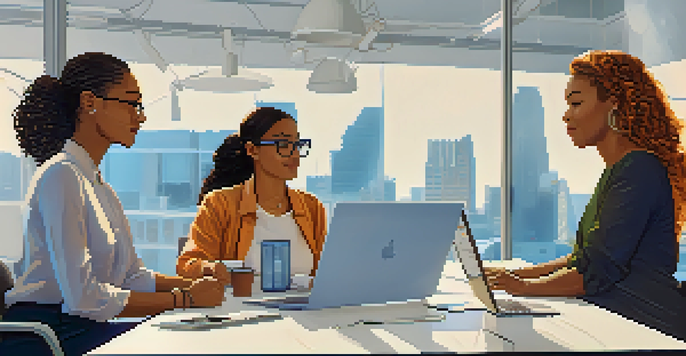 A diverse group of women working together in a modern tech office, collaborating around a table filled with laptops and digital screens, with natural light streaming in.