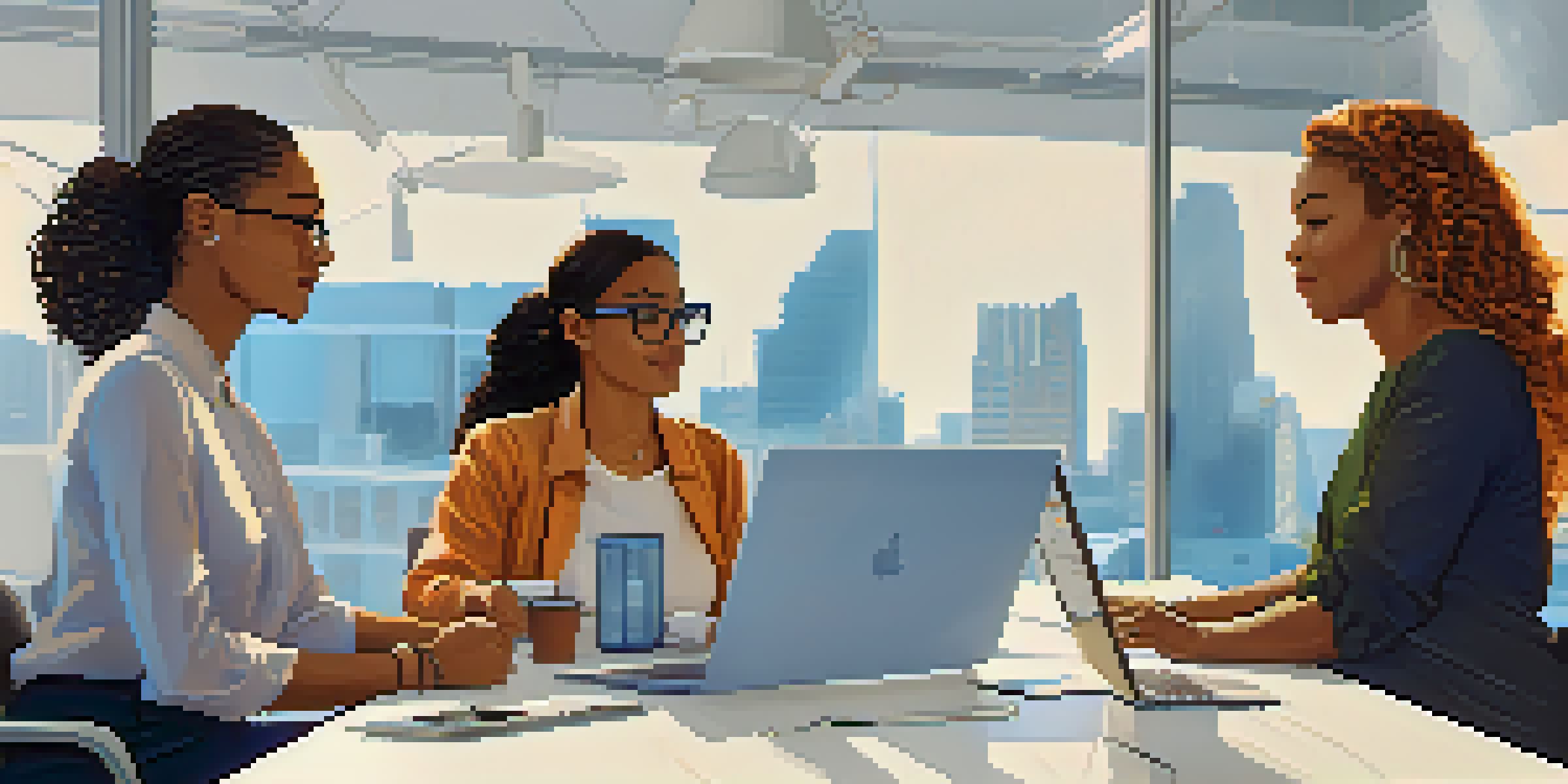 A diverse group of women working together in a modern tech office, collaborating around a table filled with laptops and digital screens, with natural light streaming in.