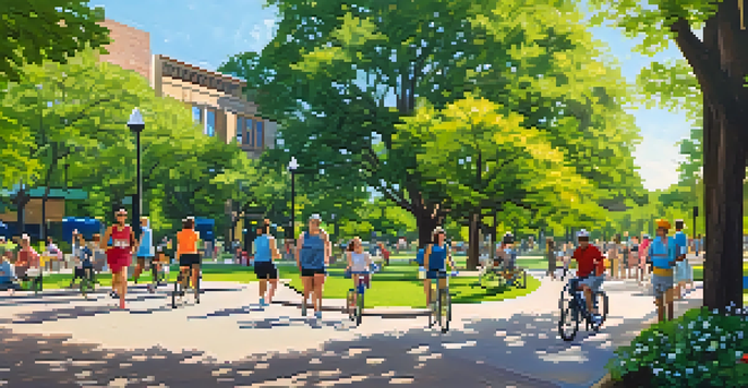 A lively urban park filled with greenery, where people are jogging, cycling, and enjoying picnics under a clear sky.