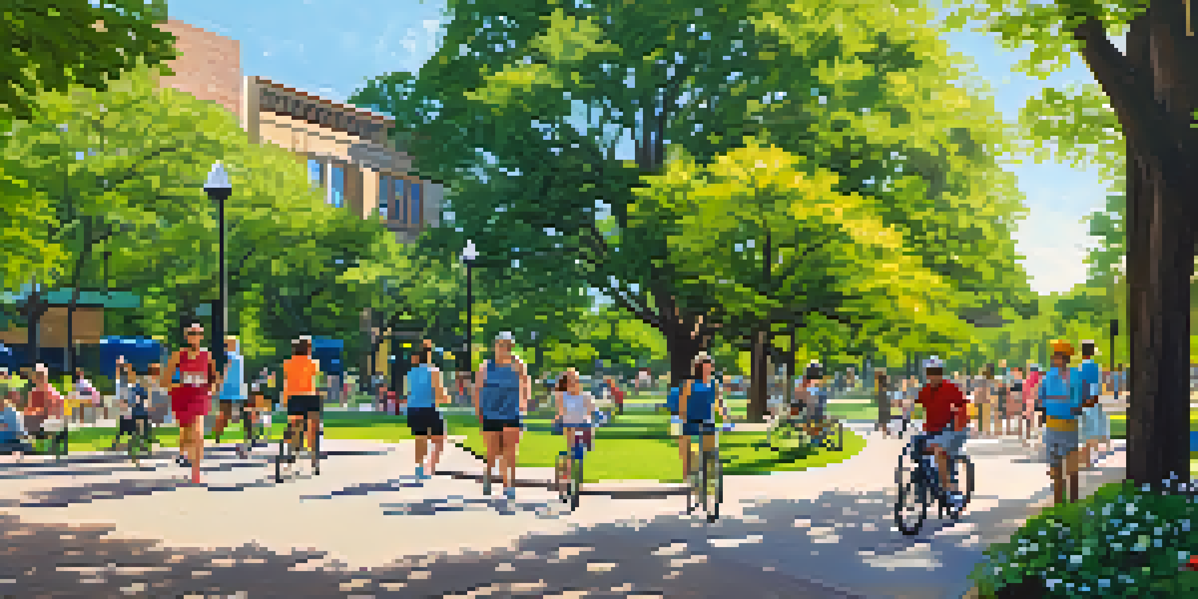 A lively urban park filled with greenery, where people are jogging, cycling, and enjoying picnics under a clear sky.