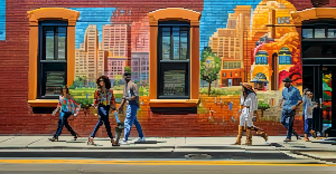 A colorful mural on a brick wall in Austin with people in fashionable outfits walking by in sunlight.