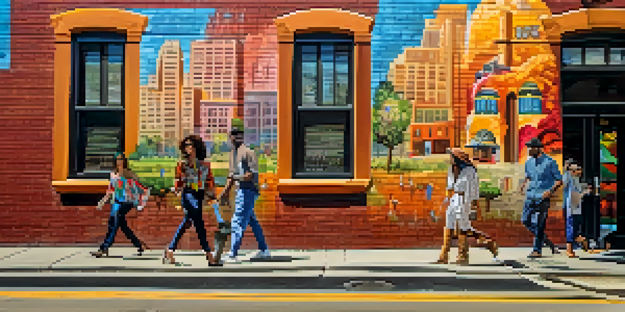 A colorful mural on a brick wall in Austin with people in fashionable outfits walking by in sunlight.