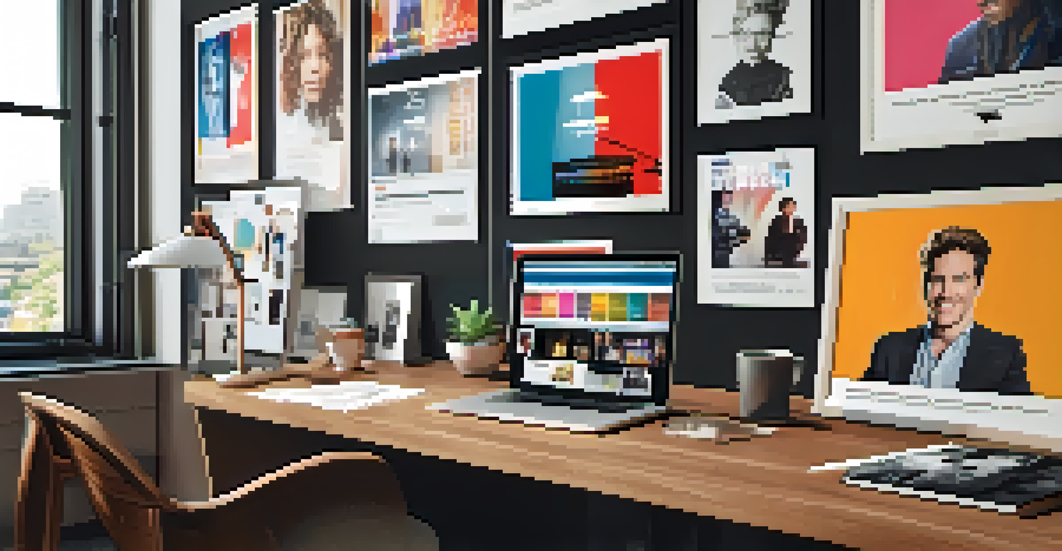 A casting agency workspace in Austin, highlighting a laptop with actor profiles, diverse headshots, and film memorabilia on the desk.