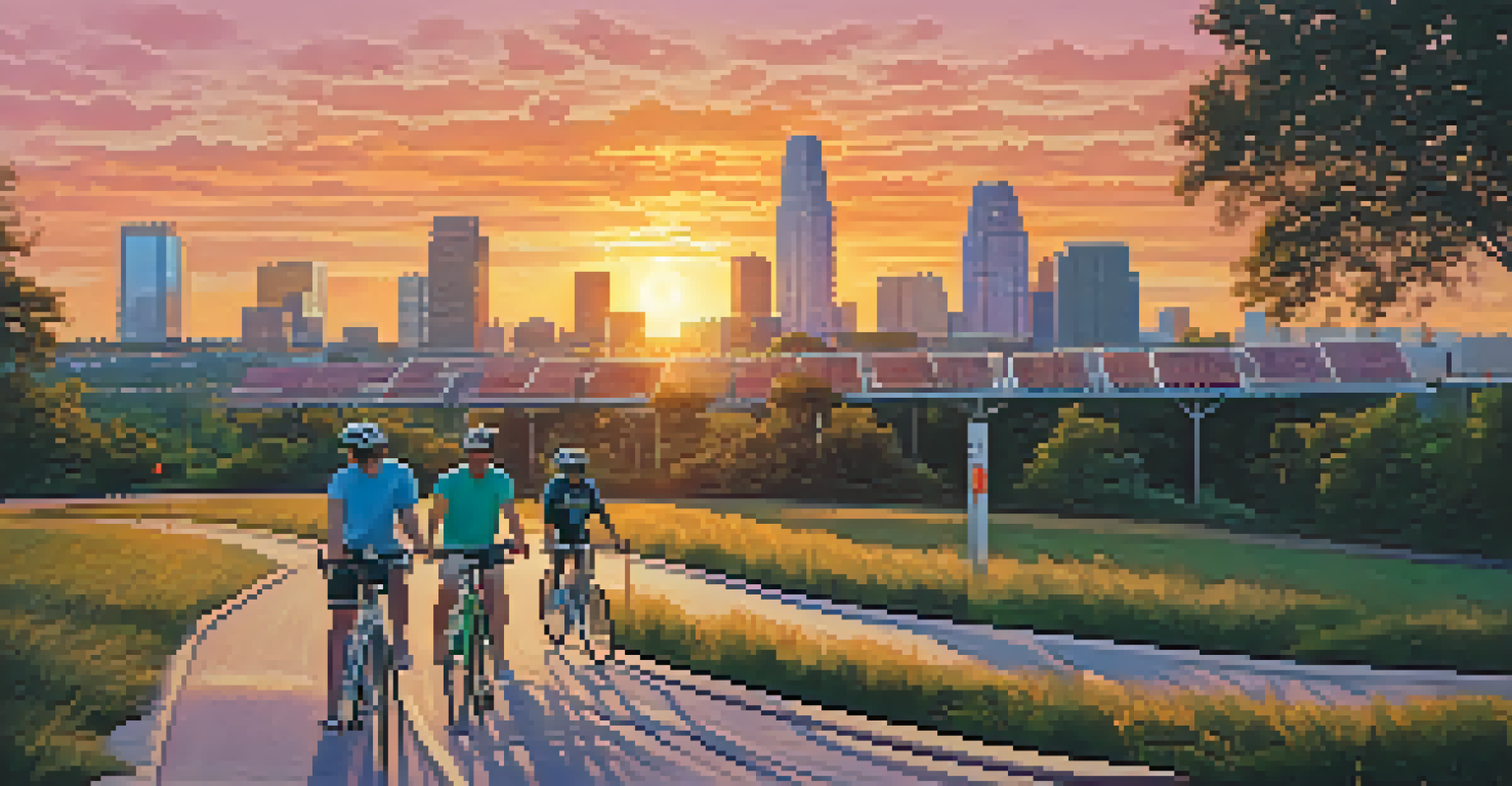 Austin skyline at sunset with solar panels and people biking on a tree-lined path.