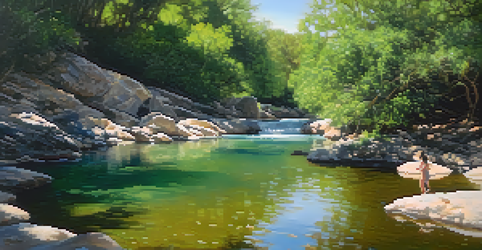 A dog leaping into a swimming hole in Barton Creek Greenbelt surrounded by trees and rocks.