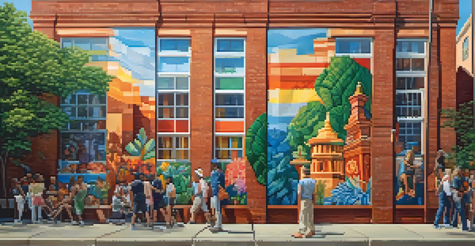A colorful mural on a brick wall showing a diverse community, surrounded by greenery in soft sunlight.