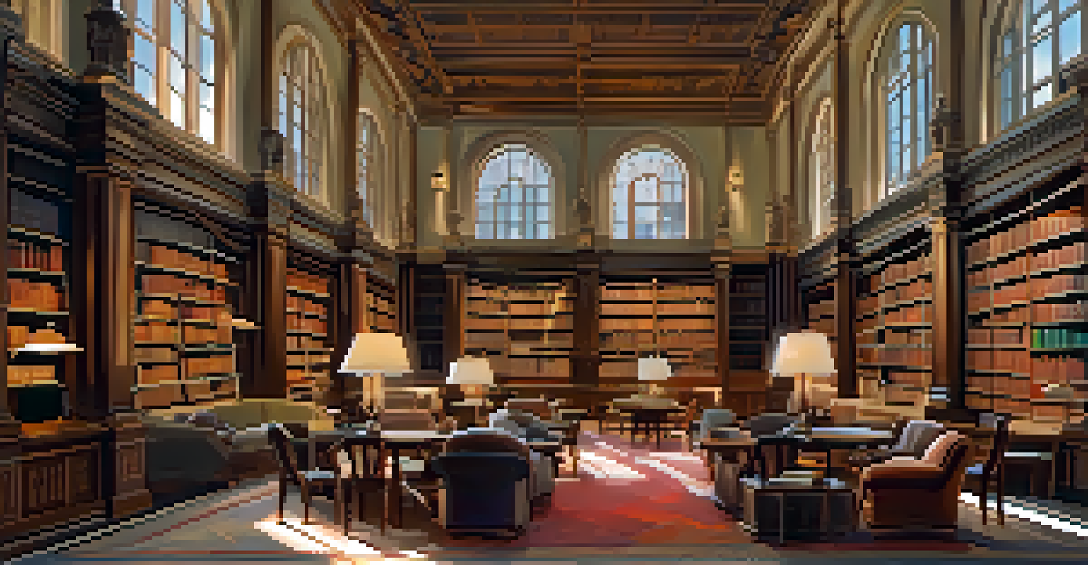 The interior of an Old Library with tall bookshelves, cozy reading areas, and warm lighting, showcasing its historical architecture.