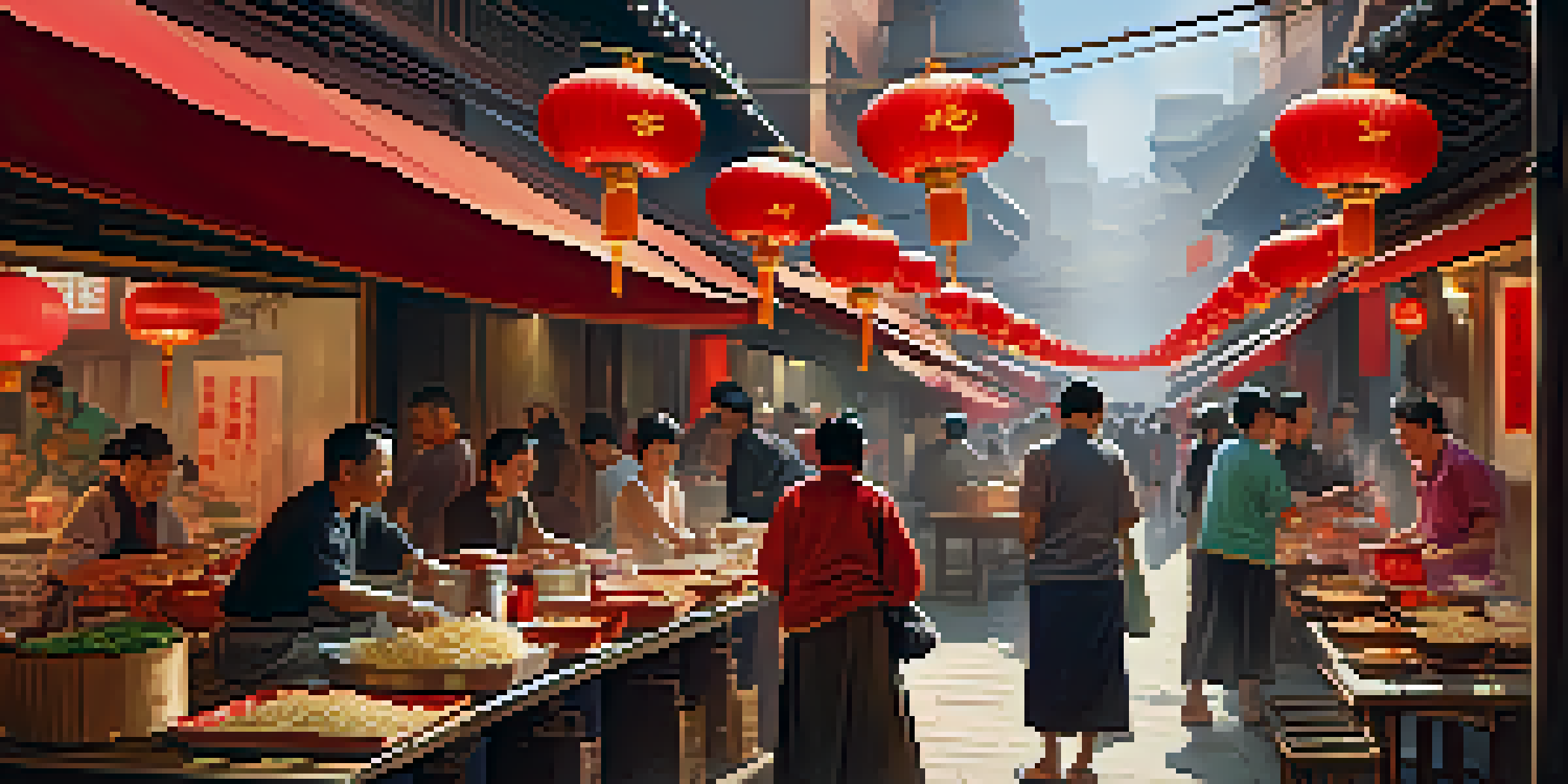 A vibrant street in Chinatown filled with red lanterns, people dining on noodle soup and dim sum, and colorful market stalls with fresh produce.
