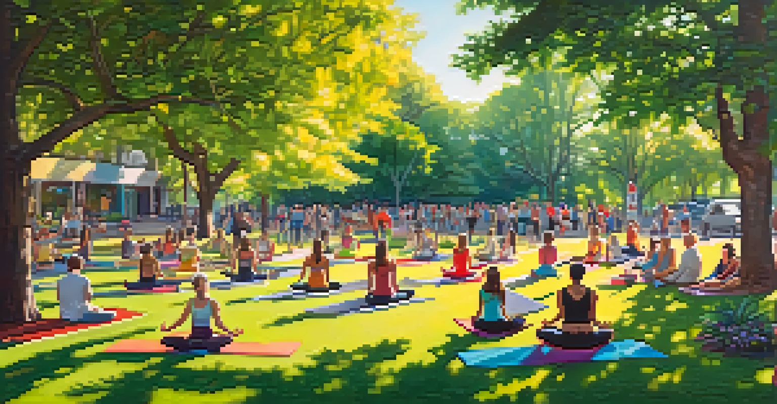 An artistic park in Austin featuring a colorful mural, people practicing yoga, and a local band performing under the trees.