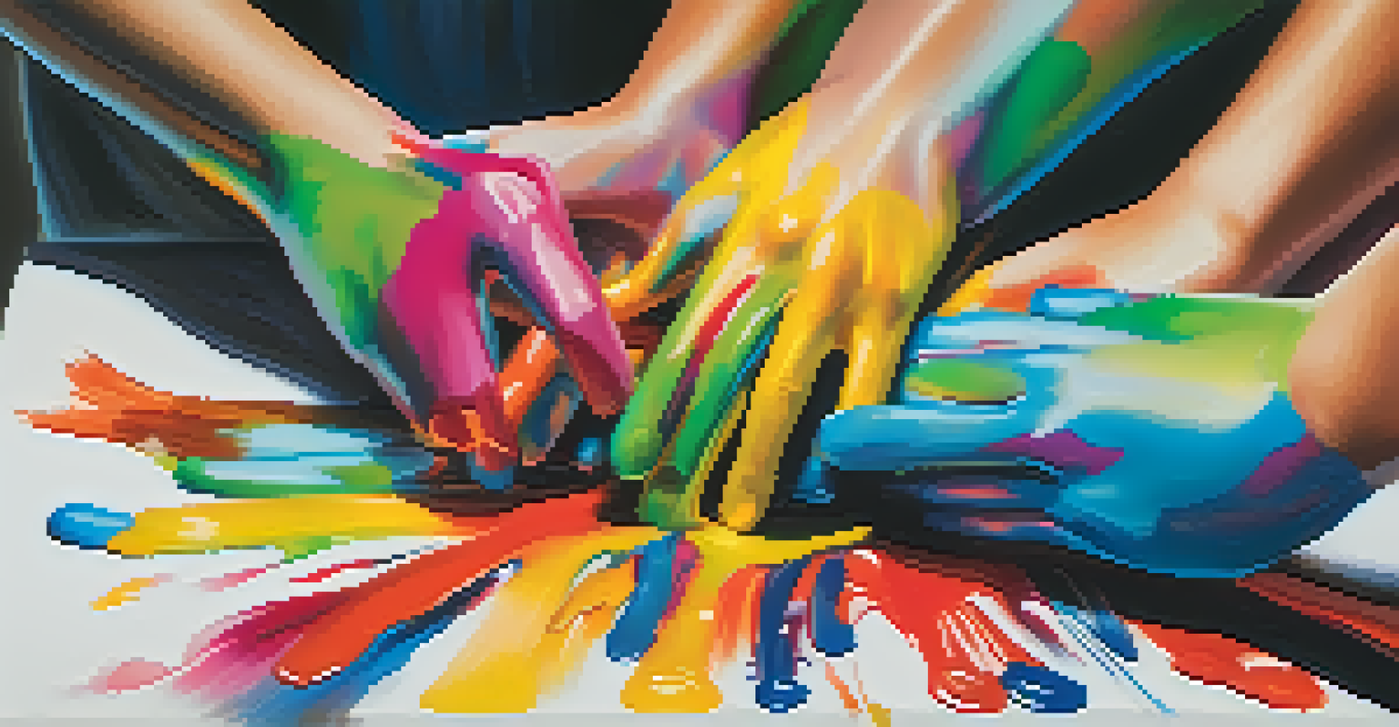 Close-up of artists' hands covered in paint collaborating on a colorful canvas.